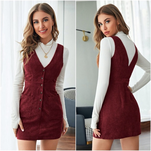 Dresses & Skirts - button down corduroy pocket burgundy mini dress